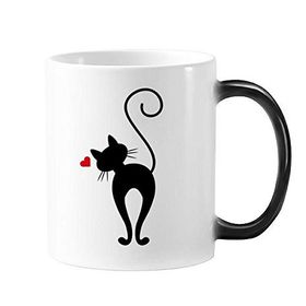 Dıythinker 350 ml Kalp Şekilli Kedi Figürü Sihouette Protect Animal Pet Lover Morphing Isıya Duyarlı Değişen Renk Kupa