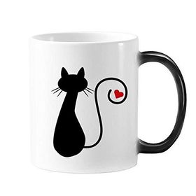 Dıythinker 350 ml Kalp Şekilli Kedi Oturur Figür Sihouette Protect Animal Pet Lover Morphing Isıya Duyarlı Değişen Renk Kupa