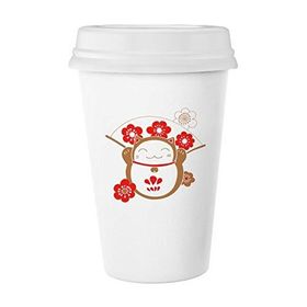 Dıythinker 350 ml Kiraz Çiçekleri Fan Fat Lucky Fortune Kedi Japon Kültürü Klasik Beyaz Çömlek Seramik Kupa