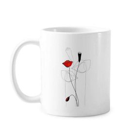Dıythinker 350 ml Kırmızı Çiçek Tomurcuğu Soyut Sanat Mısır Gelincik Klasik Beyaz Çömlek Seramik Saplı Kupa