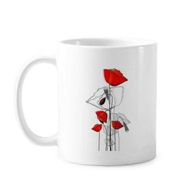 Dıythinker 350 ml Kırmızı Çiçekler Soyut Sanat Çizgisi Resim Mısır Gelincik Klasik Beyaz Çömlek Seramik Saplı Kupa