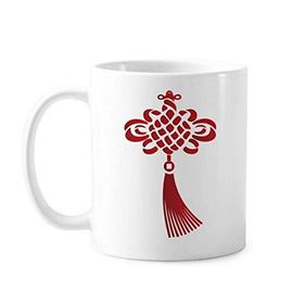 Dıythinker 350 ml Kırmızı Çin Düğümü Güvenlik Deseni Klasik Beyaz Çömlekçilik Seramik Saplı Kupa