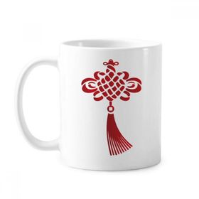 Dıythinker 350 ml Kırmızı Çin Düğümü Güvenlik Deseni Klasik Beyaz Çömlekçilik Seramik Saplı Kupa