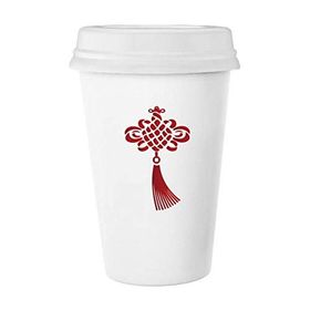 Dıythinker 350 ml Kırmızı Çin Düğümü Güvenlik Deseni Klasik Kupa Beyaz Çömlekçilik Seramik Kupa