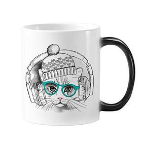 Dıythinker 350 ml Kulaklık Yünlü Şapka Beyaz Kedi Koruyucu Hayvan Evcil Hayvan Sevgili Değişen Renk Kupa