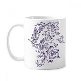 Dıythinker 350 ml Leylak Dekoratif Klasik Desen Çiçekler Kelebek Klasik Kupa