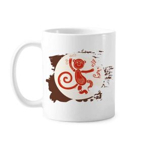 Dıythinker 350 ml Maymun Yılı Hayvan Çin Zodyak Kırmızı Boya Fırçası Kupa Beyaz Seramik Kupa