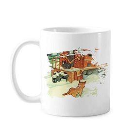 Dıythinker 350 ml Miaoji Boyama Kedi Kış Kar Tren Boya Fırçası Kupa Beyaz Seramik Kupa