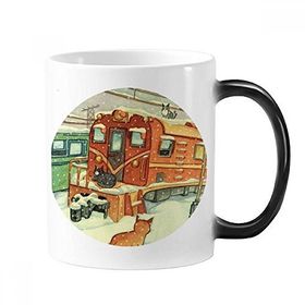Dıythinker 350 ml Miaoji Boyama Kedi Kış Kar Tren Değişen Renk Kupa