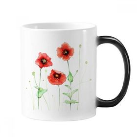 Dıythinker 350 ml Mısır Gelincik Kırmızı Çiçek Sulu Boya Renk Kupa