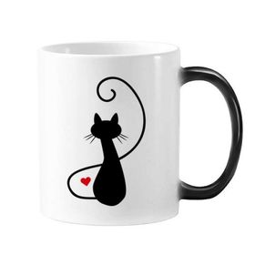 Dıythinker 350 ml Miyav Kalp Şekilli Kedi Figürü Sihouette Koruyucu Hayvan Hayvan Hayvan Sevgili Değişen Renk Kupa
