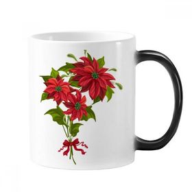 Dıythinker 350 ml Noel Çiçeği Poinsettia Buket Kırmızı Kurdele Renk Kupa
