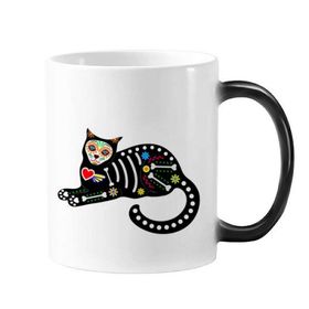 Dıythinker 350 ml Oturur Siyah Kedi Kemik Kalp Cadılar Bayramı Korku Atmosfer Değişen Renk Kupa