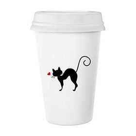 Dıythinker 350 ml Protect Animal Kalp Şekilli Kedi Figürü Sihouette Evcil Hayvan Sevgili Klasik Beyaz Çömlek Seramik Kupa