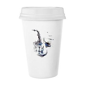 Dıythinker 350 ml Saks İnşaat Erkek Kadın Şemsiye Suluboya İllüstrasyon Klasik Beyaz Çömlek Seramik Kupa