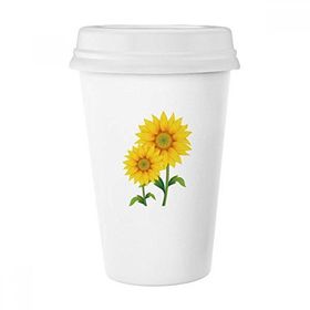 Dıythinker 350 ml Sarı Ayçiçeği Yeşil Çiçek Bitki Klasik Kupa Beyaz Çömlekçilik Seramik Kupa