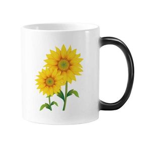 Dıythinker 350 ml Sarı Ayçiçeği Yeşillik Çiçek Bitki Değiştiren Renk Değiştiren Isıya Duyarlı Saplı Kupa