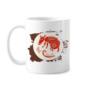 Dıythinker 350 ml Sıçan Yılı Hayvan Çin Zodyak Kırmızı Boya Fırçası Kupa Beyaz Seramik Kupa