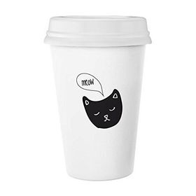 Dıythinker 350 ml Siyah Kedi Kafası Miyav Basit Çizgi Çizim Koruyucu Hayvan Klasik Beyaz Çömlek Seramik Kupa