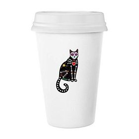 Dıythinker 350 ml Siyah Kedi Kemik Kalp Cadılar Bayramı Korku Atmosfer Klasik Beyaz Çömlek Seramik Kupa