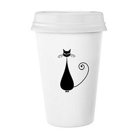 Dıythinker 350 ml Siyah Kedi Oturur Cadılar Bayramı Hayvan Sanat Silüeti Klasik Beyaz Çömlek Seramik Kupa