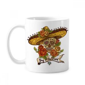 Dıythinker 350 ml Sombrero Suger Skull Meksika Ölüler Günü Klasik Beyaz Çömlek Seramik Saplı Kupa
