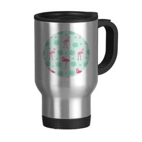 Dıythinker 368 ml Flamingo Desenli Pembe Yeşil Paslanmaz Çelik Seyahat Kulplu Bira Kupa