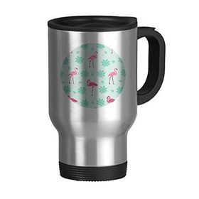 Dıythinker 368 ml Flamingo Desenli Pembe Yeşil Paslanmaz Çelik Seyahat Kulplu Bira Kupa