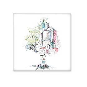 Dıythinker Ağaç Binası Geçiş Kalabalık Suluboya Boyama Seramik Biske Fayans Dekorasyon 20x20 cm Seramik Karo