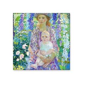 Dıythinker Batı Kadın Bebek Çiçekler Üzerine Tutan Yağlı Boya 15x15 cm Seramik Karo