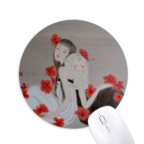 Dıythinker Beauty Kırmızı Çiçek Çin Stili Suluboya Baskılı Yuvarlak Kaymaz Kauçuk Mouse Pad