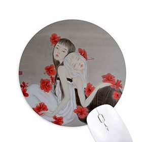 Dıythinker Beauty Kırmızı Çiçek Çin Stili Suluboya Baskılı Yuvarlak Kaymaz Kauçuk Mouse Pad