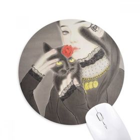 Dıythinker Beauty Siyah Kedi Çin Stili Suluboya Baskılı Yuvarlak Kaymaz Kauçuk Mouse Pad