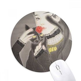 Dıythinker Beauty Siyah Kedi Çin Stili Suluboya Baskılı Yuvarlak Kaymaz Kauçuk Mouse Pad