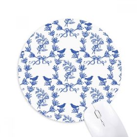 Dıythinker Bitki Yaprağı Mavi Beyaz Sembol Baskılı Yuvarlak Kaymaz Kauçuk Mouse Pad