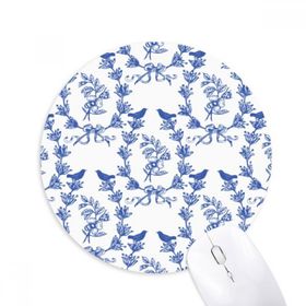 Dıythinker Bitki Yaprağı Mavi Beyaz Sembol Baskılı Yuvarlak Kaymaz Kauçuk Mouse Pad