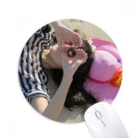 Dıythinker Ellie Yao Güzel Kız Kalp Plaj Güneş Pembe Şapka Baskılı Yuvarlak Kaymaz Kauçuk Mouse Pad