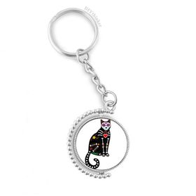 Diythinker Erkek Siyah Kedi Kemik Kalp Cadılar Bayramı Korku Atmosfer Döndürülebilir Çok Renkli 3x9 cm Anahtarlık