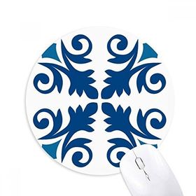 Dıythinker Fas Dekoratif Çiçek Mavi Desenli Baskılı Yuvarlak Kaymaz Kauçuk Mouse Pad