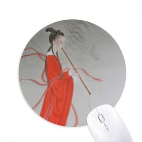 Dıythinker Flute Kırmızı Güzellik Çin Boyama Baskılı Yuvarlak Kaymaz Kauçuk Mouse Pad