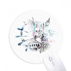 Dıythinker Globe Big Ben Eyfel Kulesi Suluboya Resim Baskılı Yuvarlak Kaymaz Kauçuk Mouse Pad