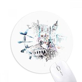 Dıythinker Globe Big Ben Eyfel Kulesi Suluboya Resim Baskılı Yuvarlak Kaymaz Kauçuk Mouse Pad