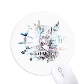 Dıythinker Globe Big Ben Eyfel Kulesi Suluboya Resim Baskılı Yuvarlak Kaymaz Kauçuk Mouse Pad