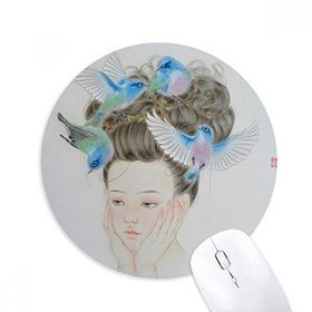Dıythinker Güzel Kız Mavi Kuş Çin Tablo Baskılı Yuvarlak Kaymaz Kauçuk Mouse Pad