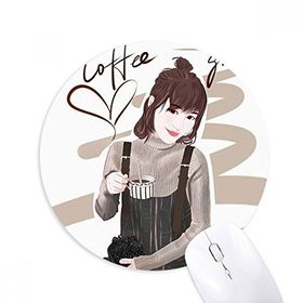 Dıythinker Kahve Kız Figür Sanat Tasarım İllüstrasyon Baskılı Yuvarlak Kaymaz Kauçuk Mouse Pad