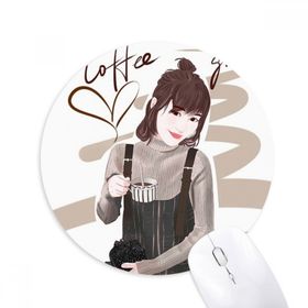 Dıythinker Kahve Kız Figür Sanat Tasarım İllüstrasyon Baskılı Yuvarlak Kaymaz Kauçuk Mouse Pad