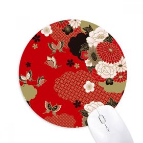 Dıythinker Kelebek Çiçek Kırmızı Sakura Baskılı Yuvarlak Kaymaz Kauçuk Mouse Pad