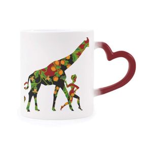 Dıythinker Kırmızı Çok Renkli Afrika Aborijin Siyah Kadın Zürafa Şekil Isıya Duyarlı Kalp Kupa
