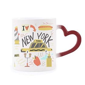 Dıythinker Kırmızı Çok Renkli America New York City Liberty İllistration Şekil Isıya Duyarlı Kalp Kupa