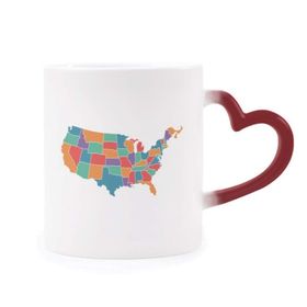 Dıythinker Kırmızı Çok Renkli Amerika Haritası Devletleri Desen Isıya Duyarlı Kalp Kupa
